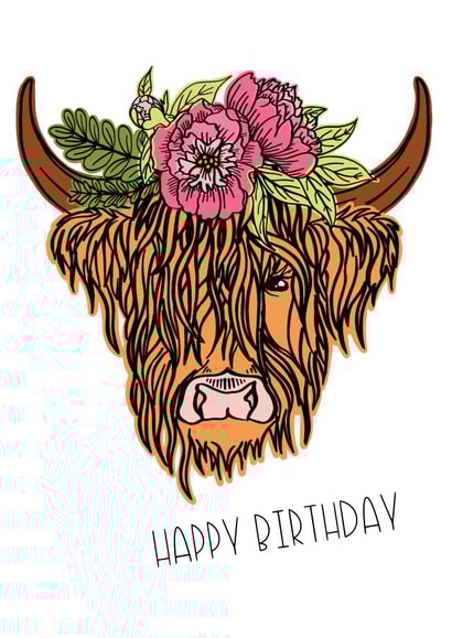 Highland cow flower birthday card created by wild wisteria designs