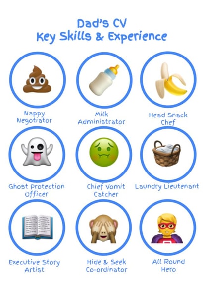 Dad's CV Key Skills & Experience Father's Day card 1000 created by Ha! Go on then