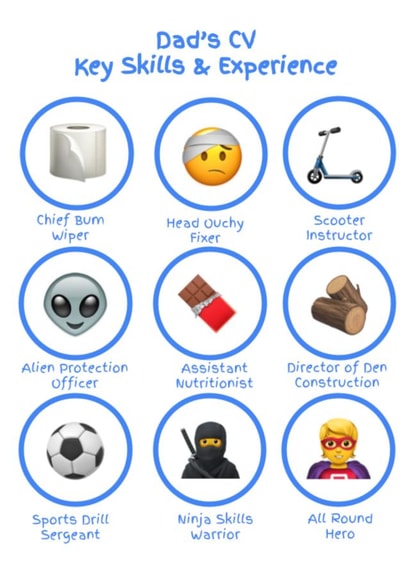 Dad's CV Key Skills & Experience Father's Day card 1001 created by Ha! Go on then