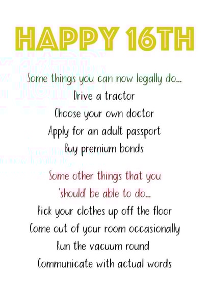 16th Birthday card - let them know the things they can now do! created by Shore Designs
