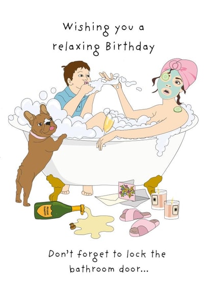 Parenting fail relaxing bath birthday card created by Rachel Millson-Hill