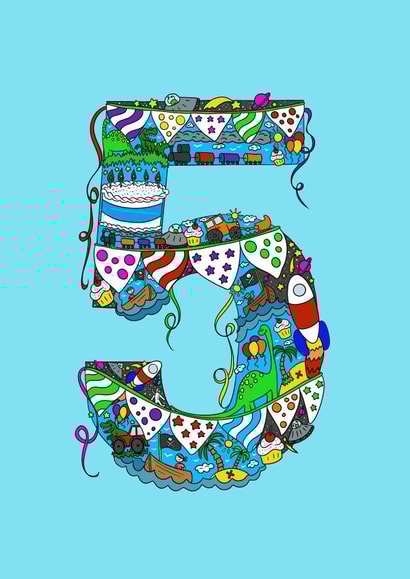 5 year old birthday card with dinosaurs, space and pirates! created by Jenny Wren Designs