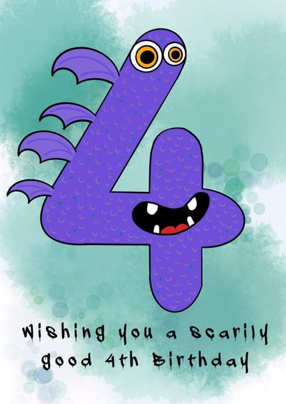 Child’s Monster 4th birthday card,  birthday party, friend four created by Rae of Sunshine