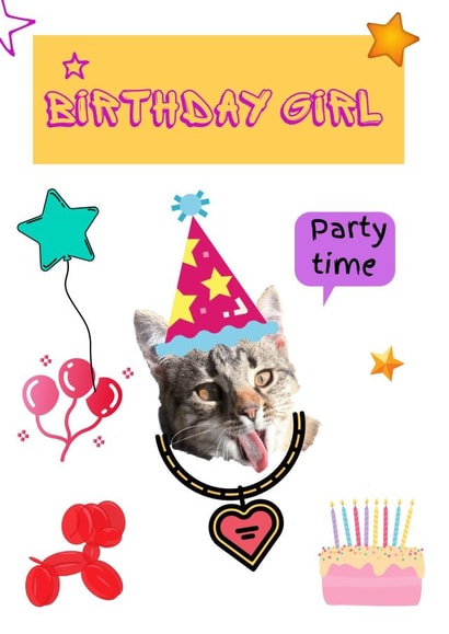 Birthday girl cat party time card created by Vinarose Studio