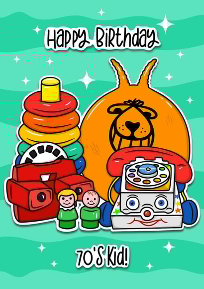 1970’s kid - nostalgic fun toys birthday card created by Wafflemamaart