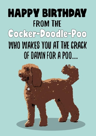 Cocker-doodle-poo birthday card created by Stephanie Scala