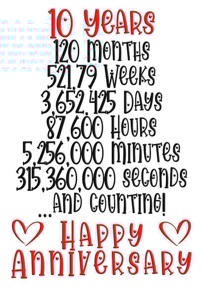 Cute Typography 10 Year Anniversary Card - 10 Years - 10 Years, 120 Months, 52179 Days created by CardandFast
