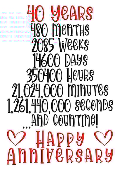 Cute Countdown Typography Anniversary Card - 40 Years - 40 Years 480 Months 2085 Weeks 14600 Days 350400 Hours created by CardandFast