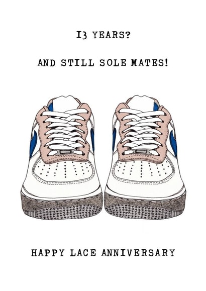 Cute Trainer Pun Anniversary Card - Lace Anniversary - 13 Years And Still Sole Mates created by Panda and the Prince