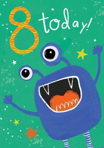 Cute 8th Birthday Card - Monster - Stars created by Sam Wilson