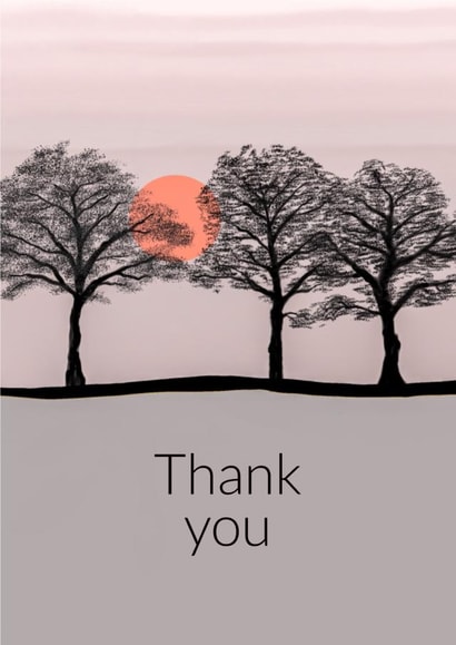 Thank you with tree silhouette, sunset and grey foreground created by See-saw Cards