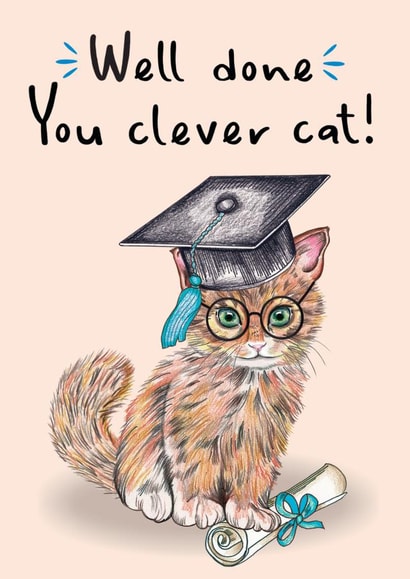 Funny well done clever cat graduation exams congratulations card created by Amy Florence Design