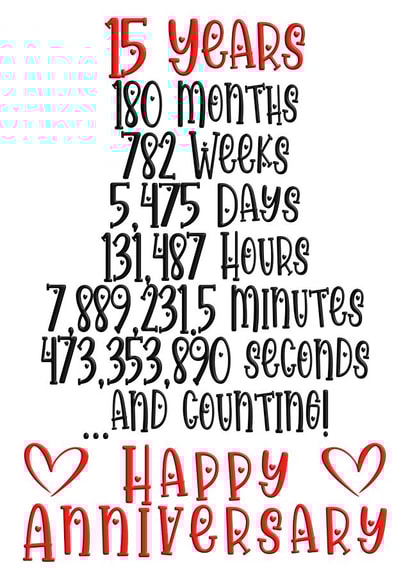 Cute Typography Anniversary Card - 15 Years - 15 Years, 180 Months, 782 Weeks, 5475 Days created by CardandFast