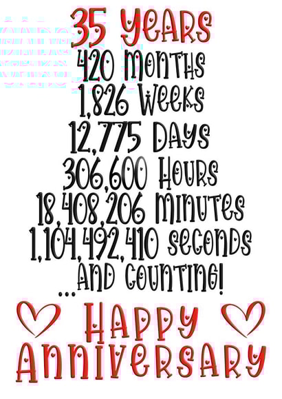 Cute Typography Anniversary Card - 35 Years - 35 Years, 420 Months, 1826 Weeks, 12775 Days, 306600 Hours created by CardandFast