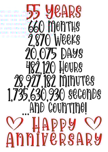 Cute Countdown Typography Anniversary Card - 55 Years - 55 Years And Counting created by CardandFast