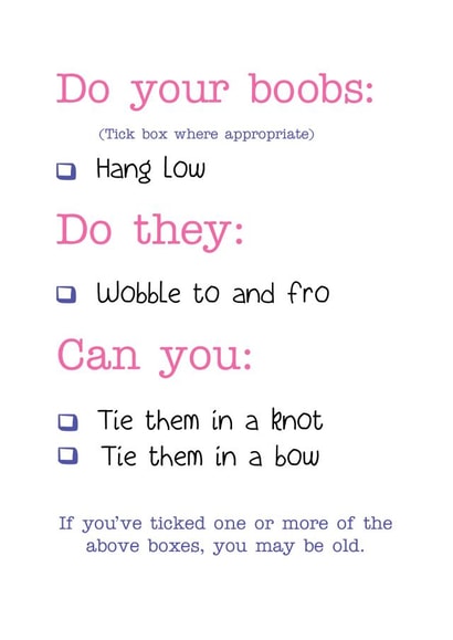 Do Your Boobs Hang Low? Birthday Check List created by Michelle Robyn