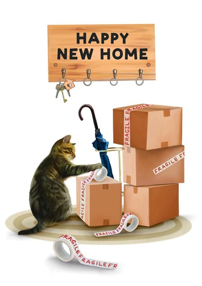 Cute Tabby Cat New Home Card - Keys - Moving Boxes - Happy New Home created by Hot Dog greetings