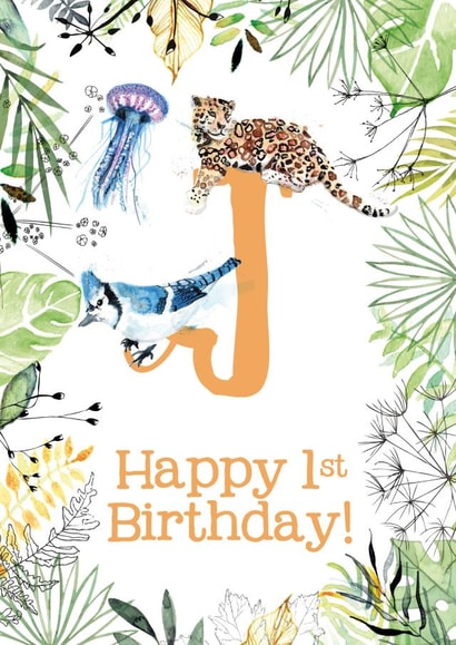 Animal Themed Happy 1st Birthday for names beginning with J created by Kate Moby