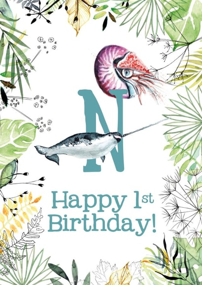 Animal Themed Happy 1st Birthday for names beginning with N created by Kate Moby