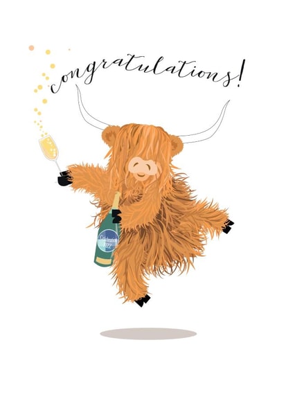 Congratulations ! Highland Cow with Bottle of Bubbly created by Pink Pig