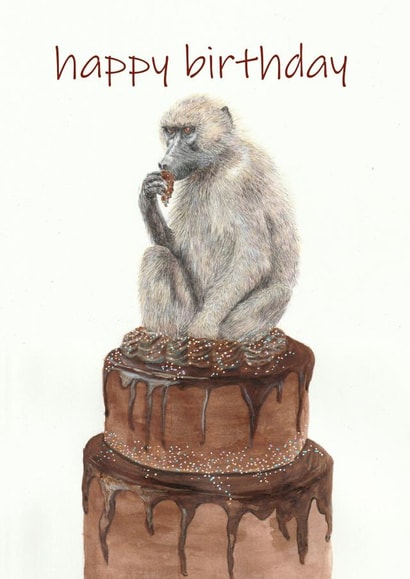 Baboon eating chocolate cake birthday card created by Allthingsartbybex