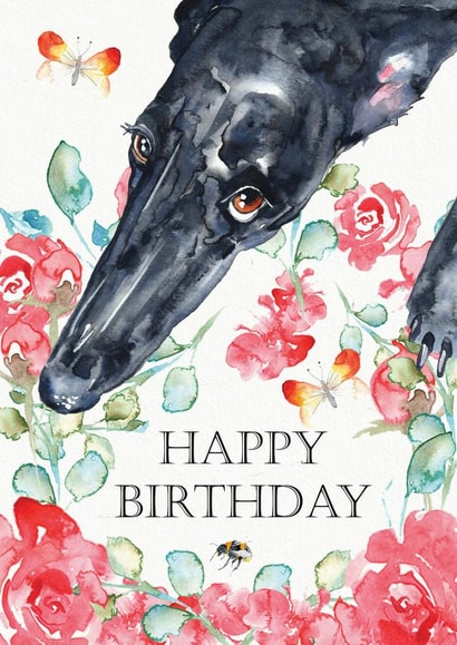 Beautiful watercolour Greyhound, bumblebee and butterfly Birthday Card created by Jo Scott Art