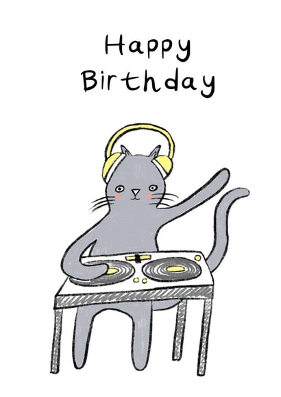 DJ Cat Birthday Card created by Helen Ridley Illustration