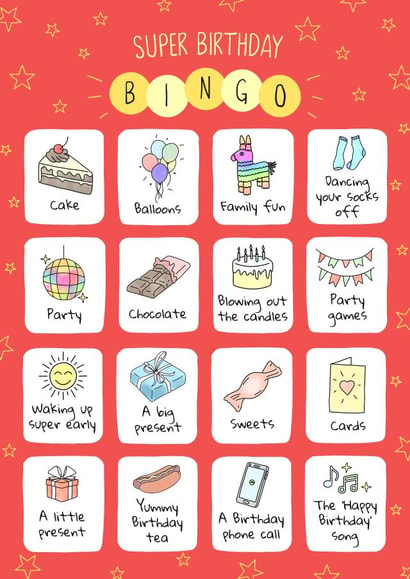 Kids Super Birthday Bingo card created by Evie Garnett Designs