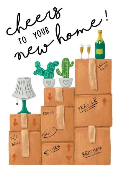 Cute Moving Boxes New Home Card - Cactus - Prosecco - Cheers To Your New Home created by Sophie Kent Illustration