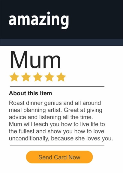 Funny 5 Star Birthday or Mother's Day Card - Prime Amazing Mum, Amazon Love created by Rosewood Design