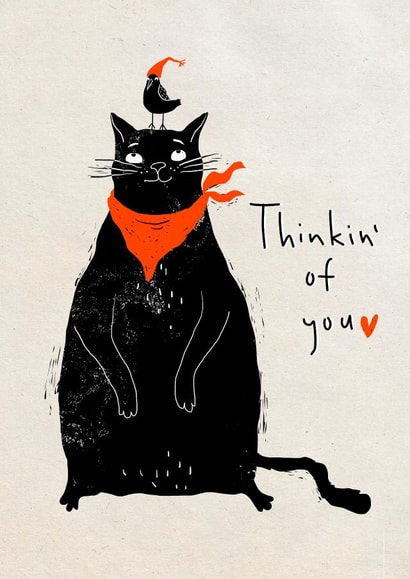 Thinkin' of you cat and bird card created by Katherine Polyakova