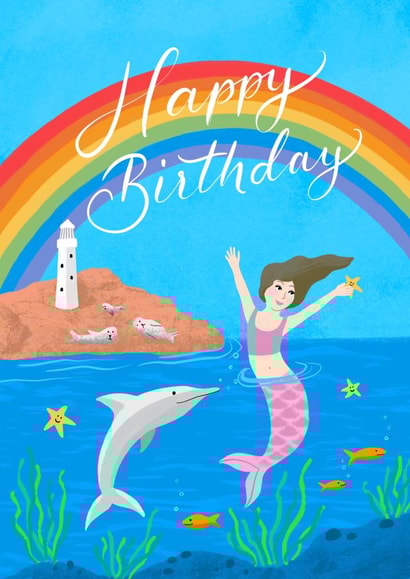 Mermaid rainbow birthday card  created by Salty Siren Studios 