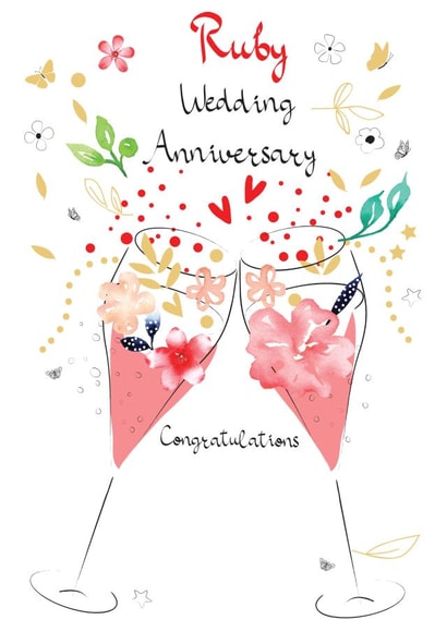 Pretty Ruby Wedding Anniversary Card - 40 Years - Prosecco - Ruby Wedding Anniversary Congratulations created by SABIVO Design by Sabina
