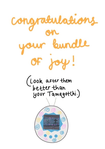 Tamagotchi baby birth card created by Lydia Rose Designs