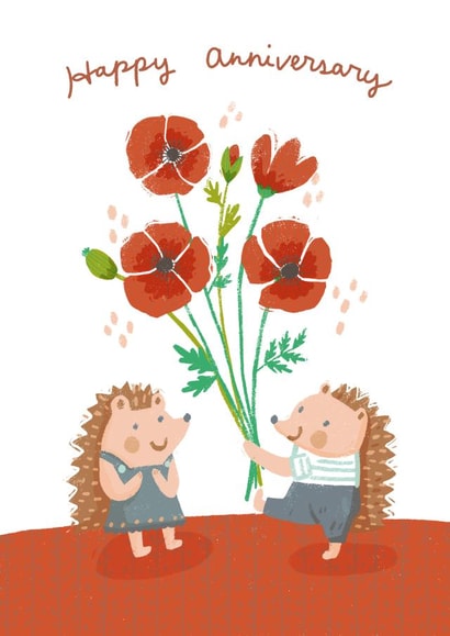 Cute Hedgehog & Poppies Anniversary Card - Happy Anniversary created by Miss NoProblem