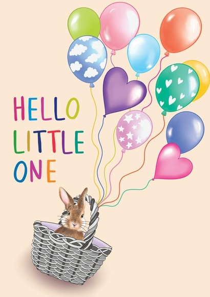 Hello Little One, Rabbit Colourful Balloons New Baby Card created by Amy Florence Design