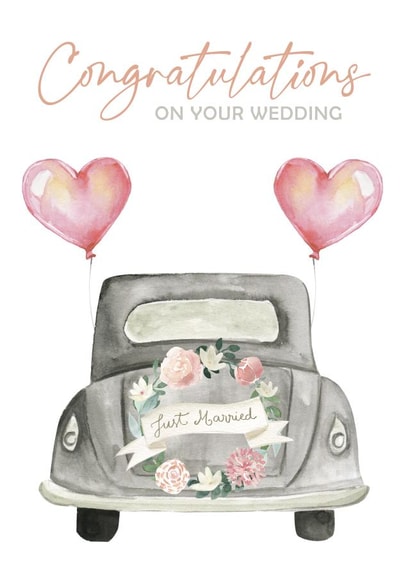 Congratulations on your Wedding - Car, Balloons and wreath design created by Michael Cutler