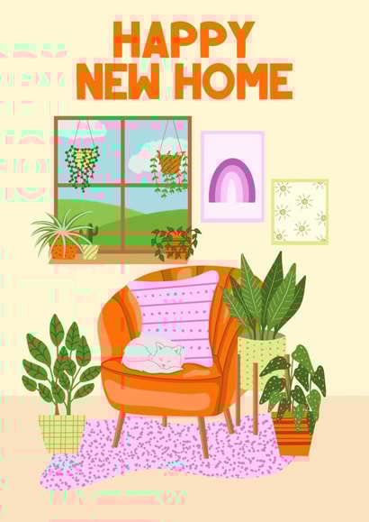 Trendy Contemporary New Home Card - House Plants - Cat - Happy New Home created by Sarah Cowan