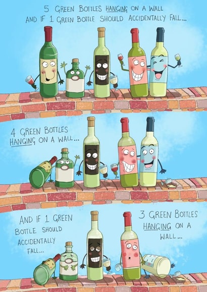 5 green bottles hanging on a wall created by Leah Rowe