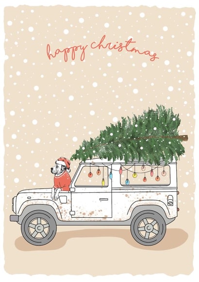 Land Rover delivering Christmas Tree with dog card created by Dotty Dog Art