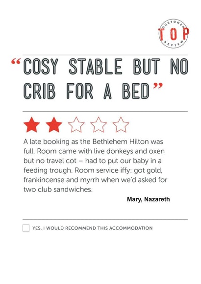 Spoof TripAdvisor review Christmas card created by Tess Cards