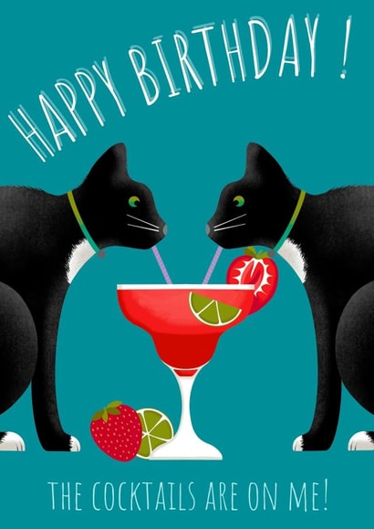Strawberry Cocktail Cat Birthday Card created by Lorna Helen Prints