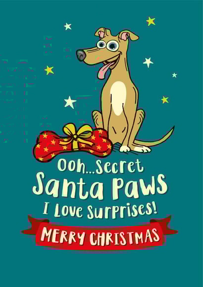 Cute Greyhound, Whippet or Lurcher Christmas card for the dog lover created by The Typecast Gallery