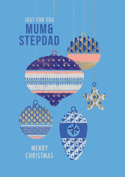 Mum and Stepdad decorated baubles Christmas card created by Rebecca Prinn