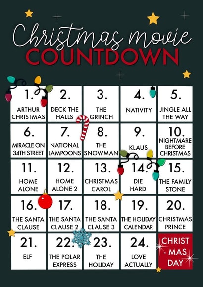 Christmas movie countdown card created by The Girl Next Draw Cards