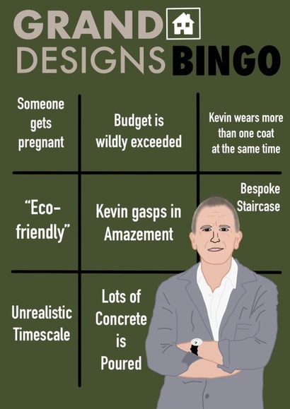 Funny Grad Designs Bingo New Home Card - Kevin McCloud - Budget Is Wildly Exceeded created by George Draws Design