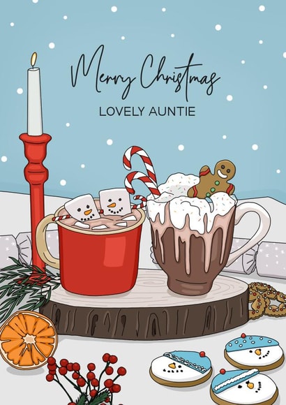 Auntie Hot chocolate Christmas table card created by Evie Garnett Designs