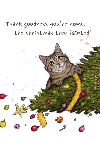 Funny Cat Tree Down Christmas Card created by Silvia Whiteley Art