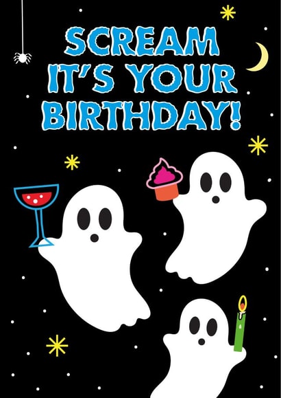 Funny Cute Halloween October Birthday Card For Friend - Ghosts, Cake - Scream created by I AM A