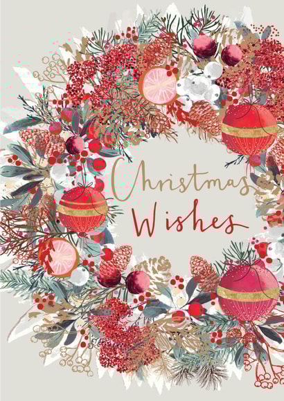 Christmas Wreath and Baubles - Red Wreath - Pretty - Classic - Traditional - Christmas Wishes - Special - Festive Wreath - Christmas Card created by Louise Tiler